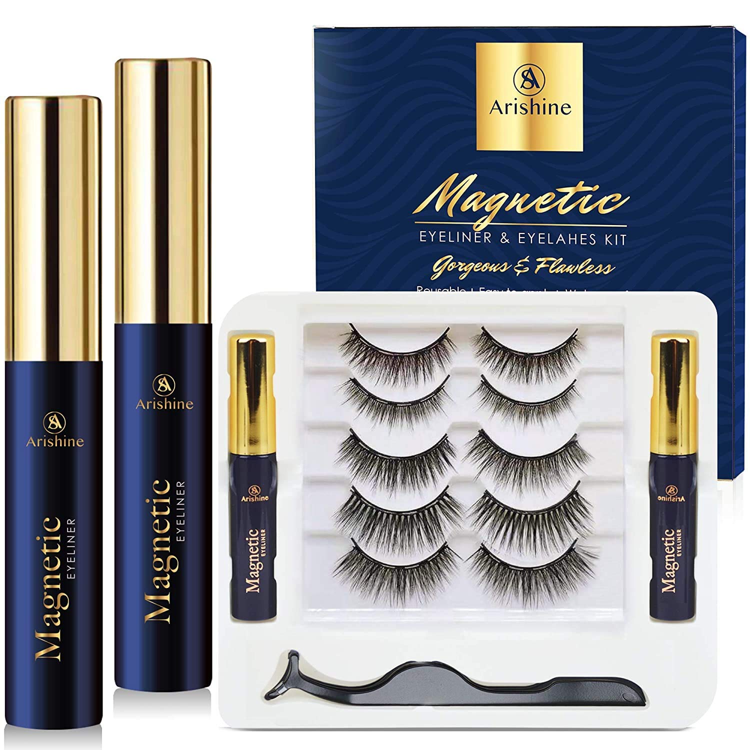 Wholesale Arishine 5 Pairs Reusable Magnetic Eyelashes and 2 Tubes of Magnetic Eyeliner Kit