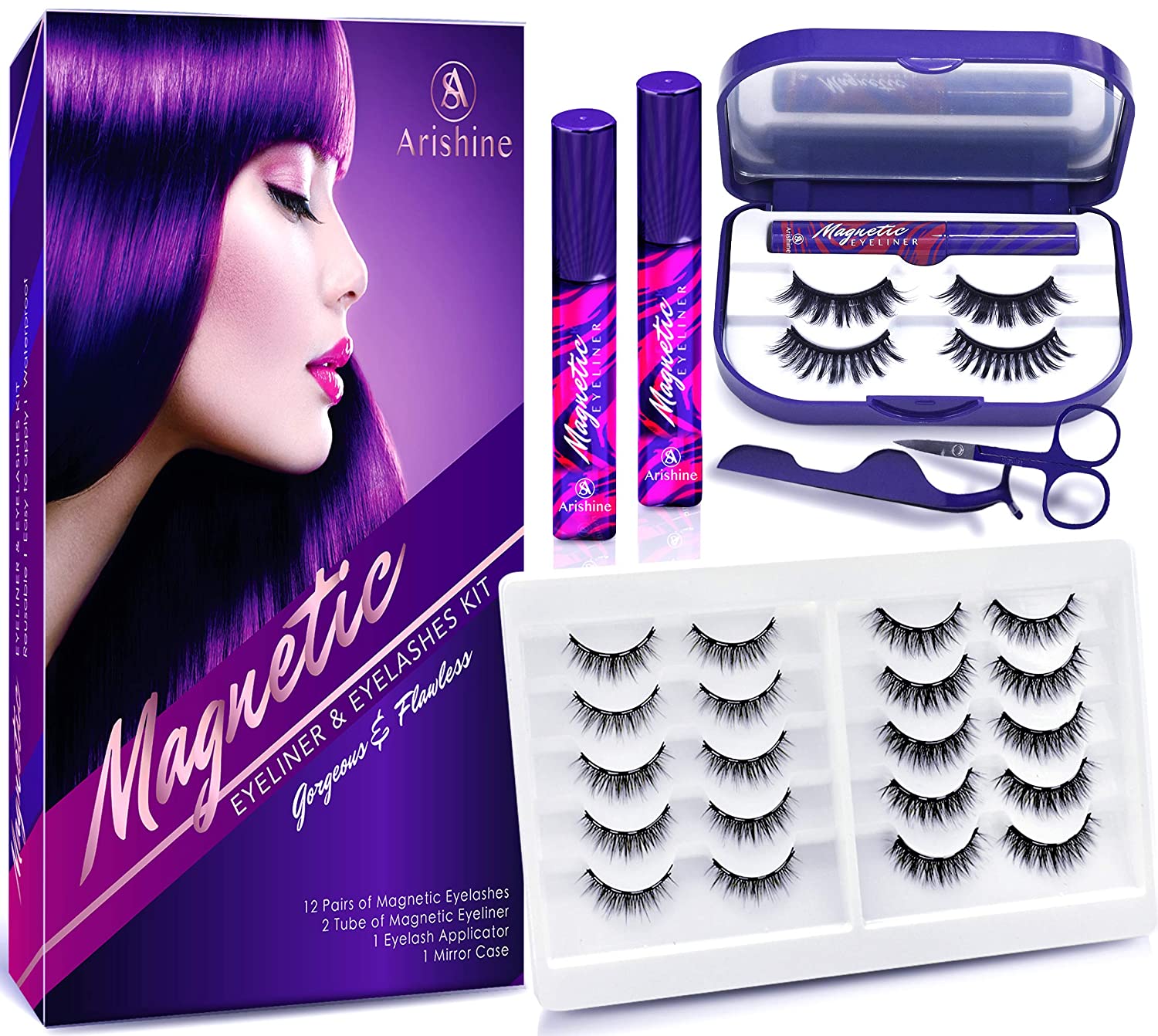 Wholesale Arishine 3D 5D Magnetic Eyelashes with Eyeliner Kit 12 pairs