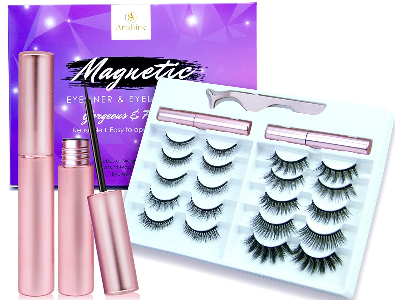 New Arishine 10 Different Pairs of Magnetic Eyelashes Kit with 2 Magnetic Eyeliners & Tweezers, Natural Look & No Glue Reusable False Lashes