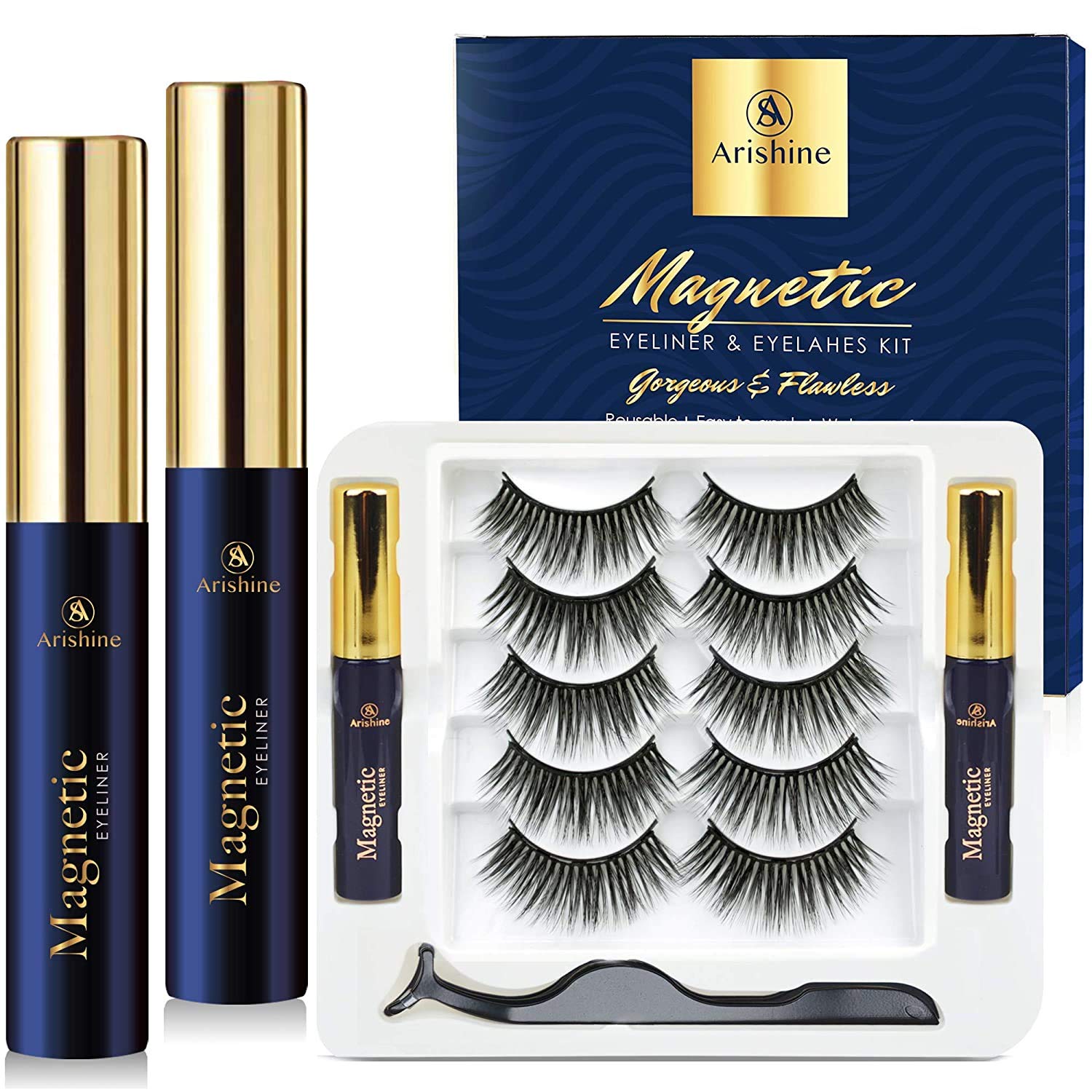 Arishine Magnetic Eyelashes with Eyeliner Luxury Multi-layered Effect Natural Look Faux Mink Lashes for Girls | 5 Pair