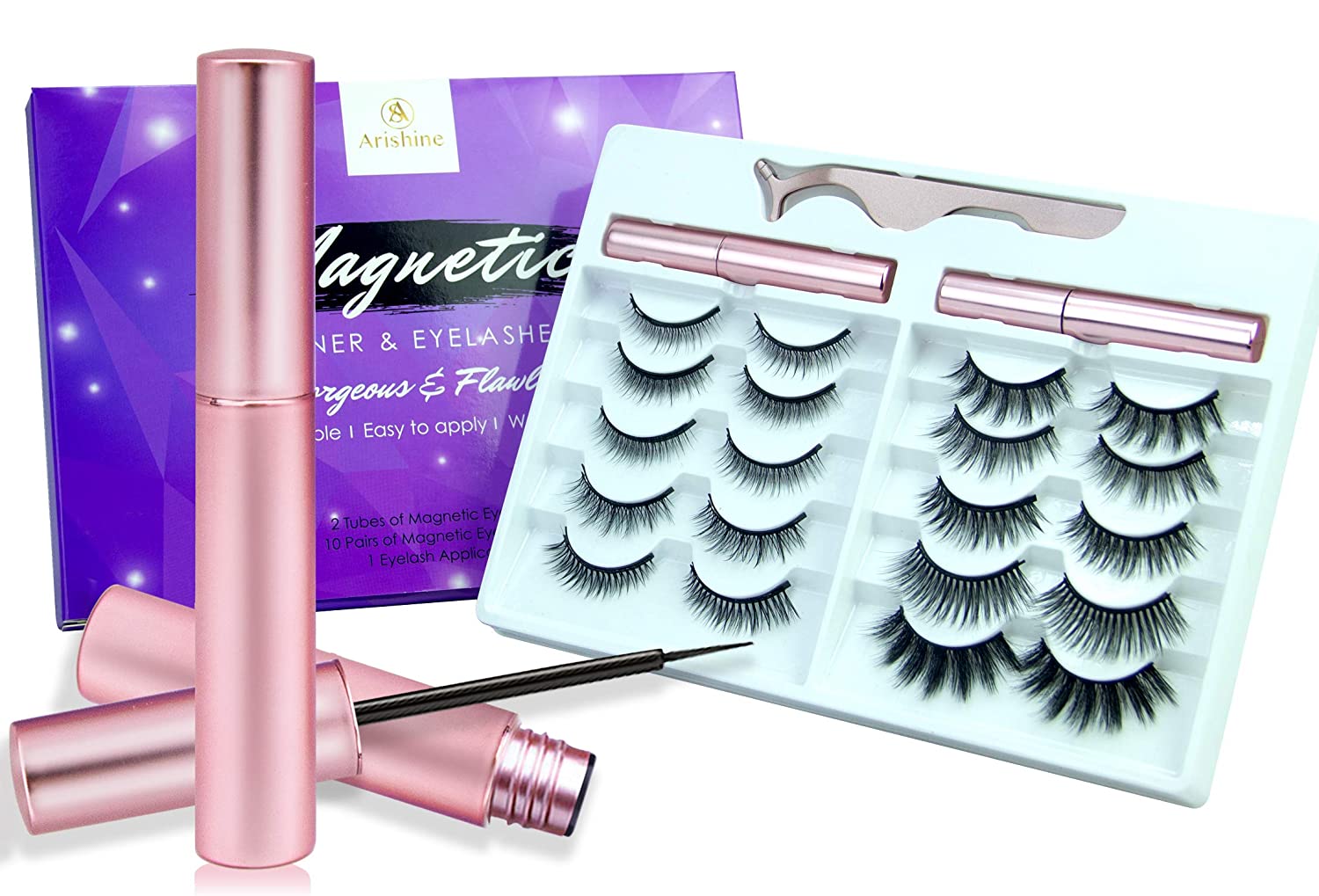New Arishine 10 Different Pairs of Magnetic Eyelashes Kit with 2 Magnetic Eyeliners & Tweezers, Natural Look & No Glue Reusable False Lashes