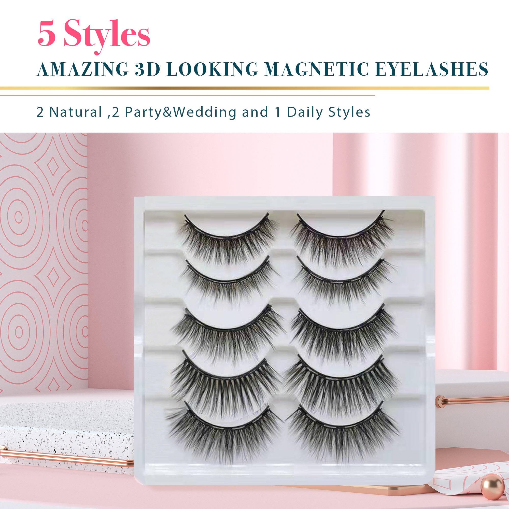 Arishine Natural Look 5 Different Pairs of False Magnetic Eyelashes Kit with Applicator