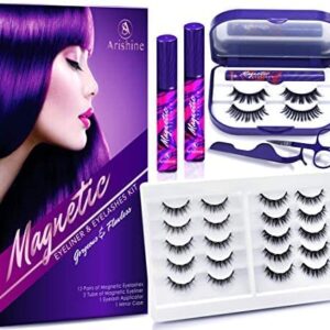 Arishine 3D 5D Magnetic Eyelashes with Eyeliner Kit, 10-Pair Reusable Natural Magnetic Lashes, 2 Pair Fluffy magnetic Eyelashes, 2 Tubes of Magnetic Eyeliner with Scissors Tweezers & Mirror Case